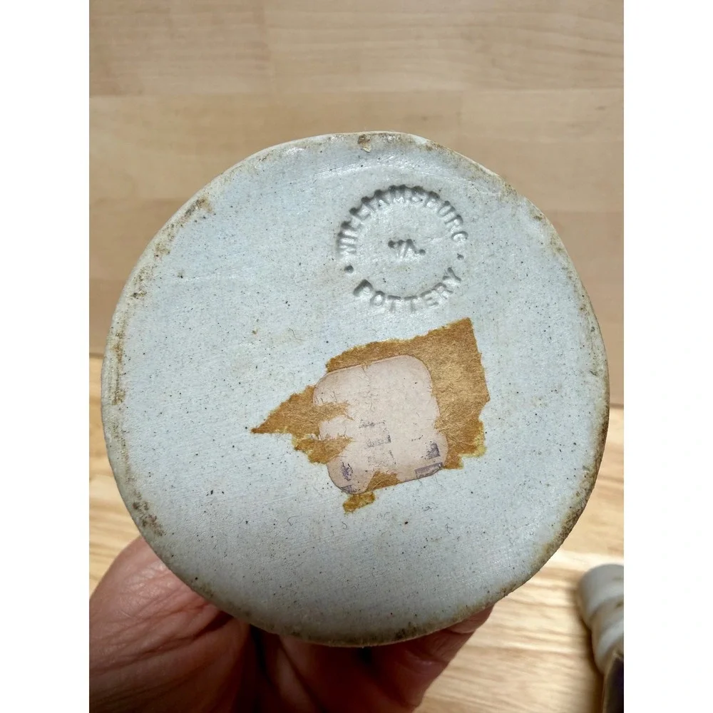 Williamsburg Pottery Salt Glaze Stoneware Blue Leaf Candle‎ Holder Pair VA USA